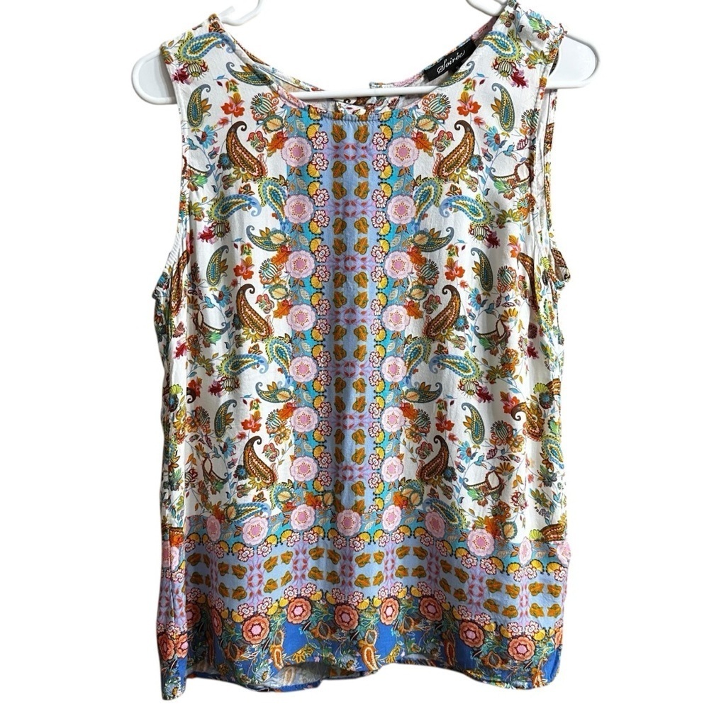 Soiree Multi Color Floral Sleeveless Paisley Button Back Lightweight Top Size S
